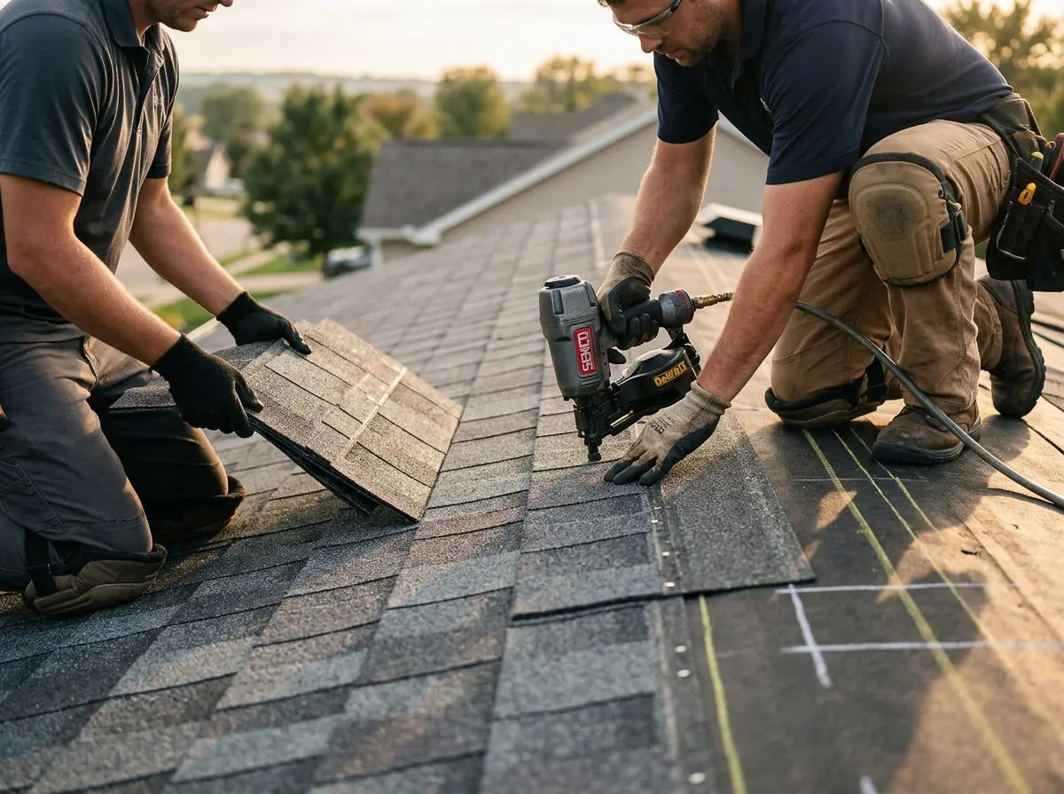 Professional roofer working on a residential roof in Carpentersville